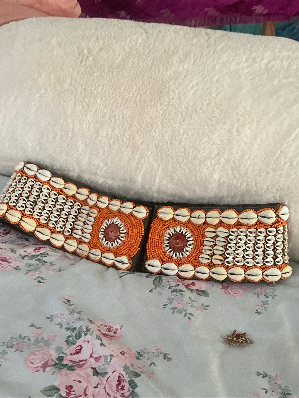 Boho Cowrie Shell Waist Belt with Orange Beadwork